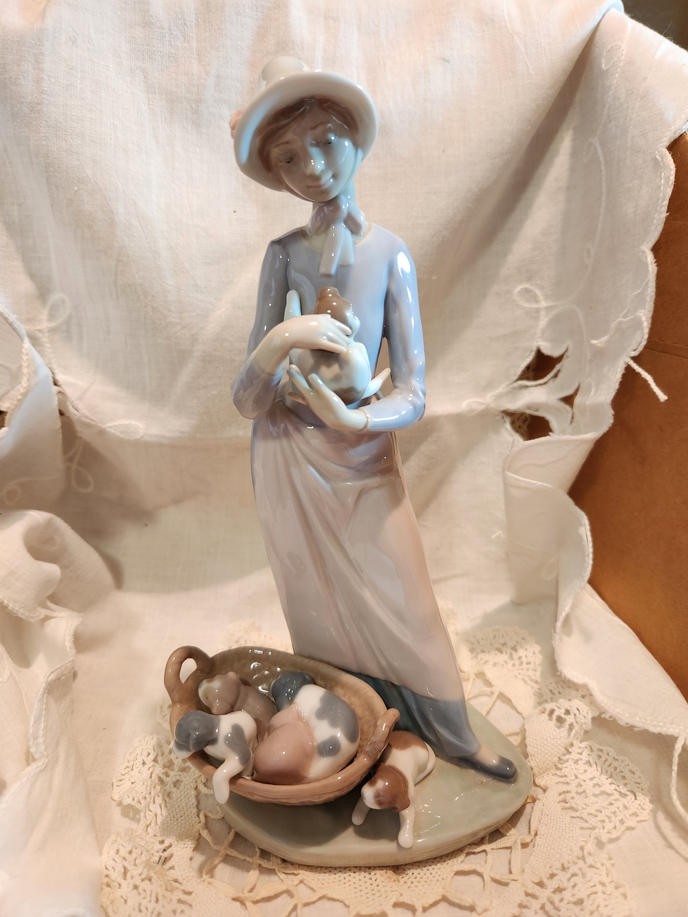 Lladro #5807 Lady With Puppies - Pastel Blue and Cream